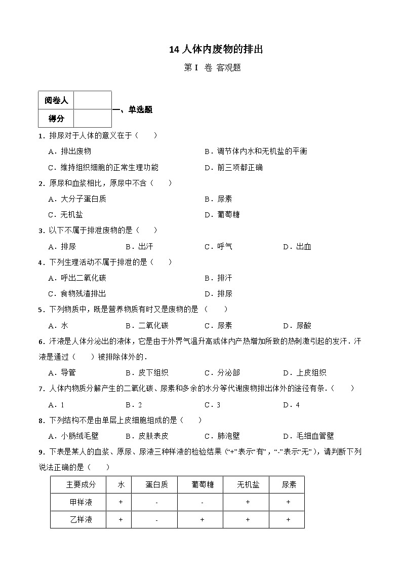 中考生物一轮复习专用训练卷—专题14 人体内废物的排出（ 含解析）01