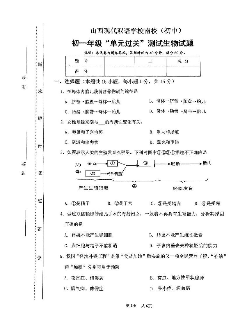 山西省现代双语学校南校(初中)2023-2024学年七年级下学期3月份月考生物试卷第1页
