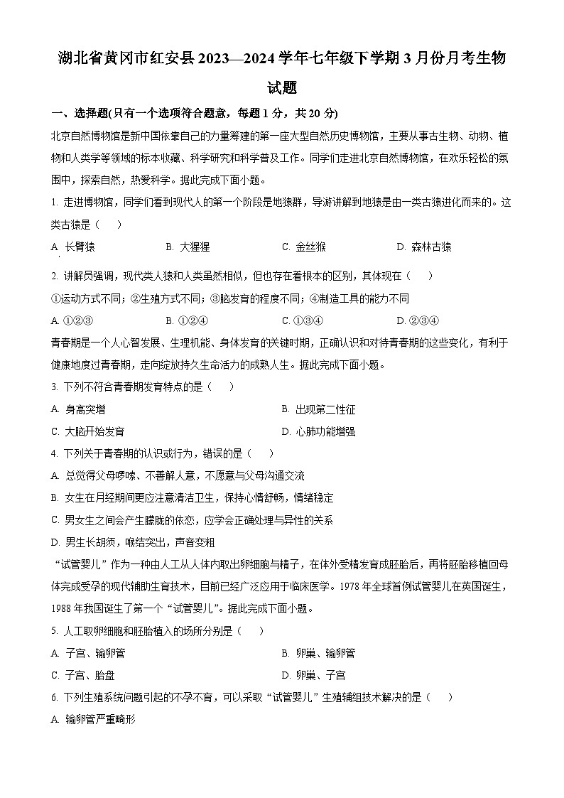 湖北省黄冈市红安县2023-2024学年七年级下学期3月月考生物试题（原卷版）第1页