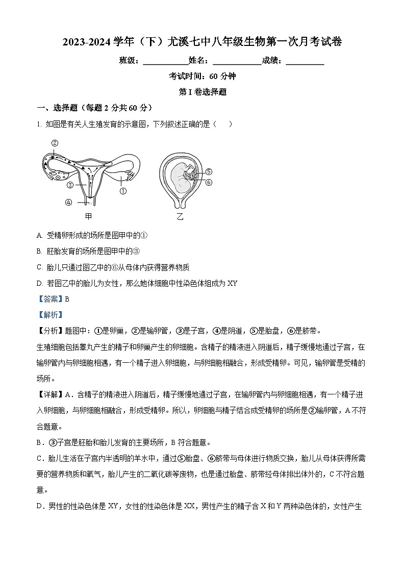 福建省三明市尤溪县第七中学片区2023-2024学年八年级3月下学期月考生物试题（原卷版+解析版）01