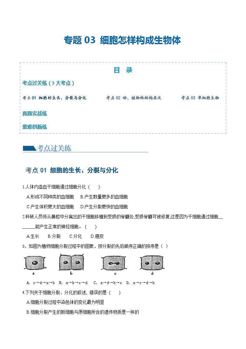 【2024会考】初中生物 专题03 细胞怎样构成生物体练习（原卷+解析版）01