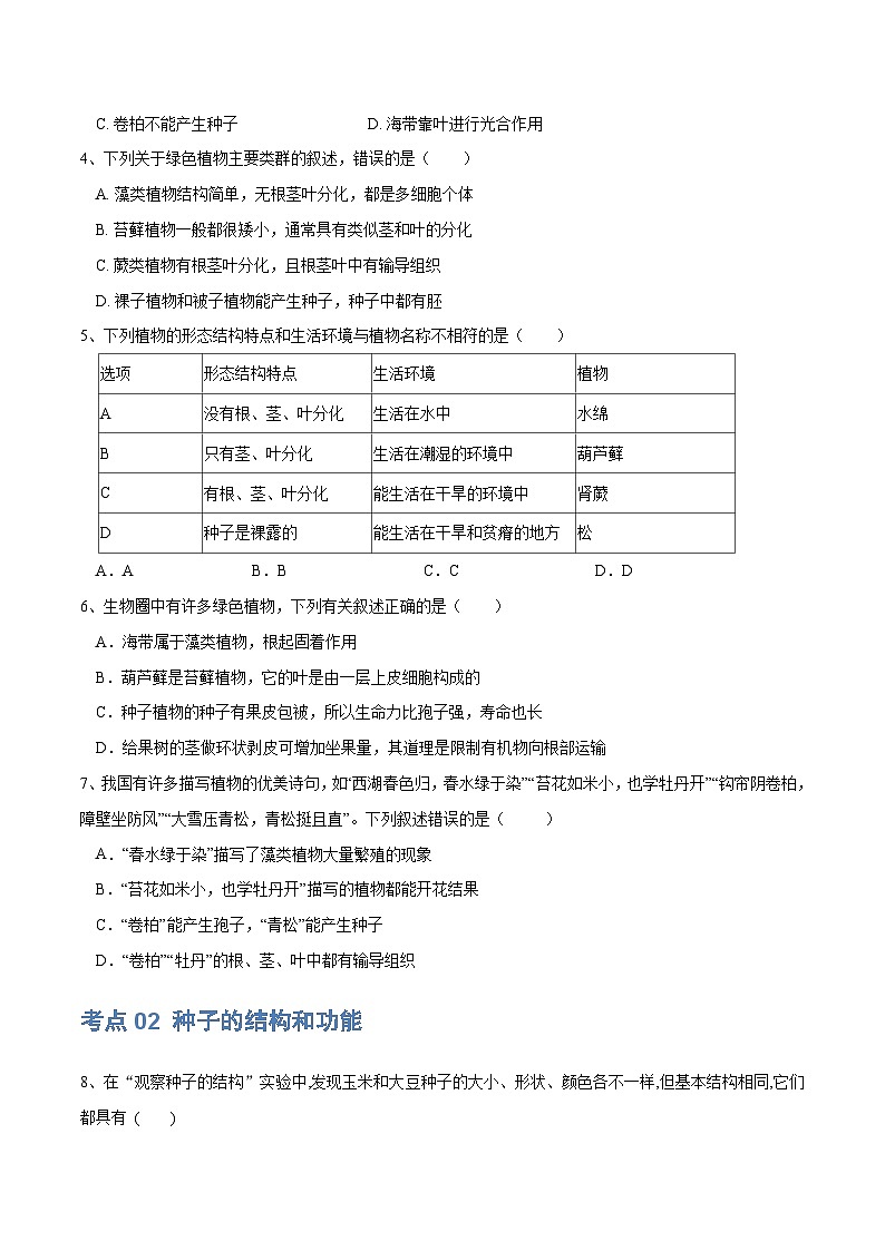 【2024会考】初中生物 专题04 生物圈中有哪些绿色植物练习（原卷+解析版）02