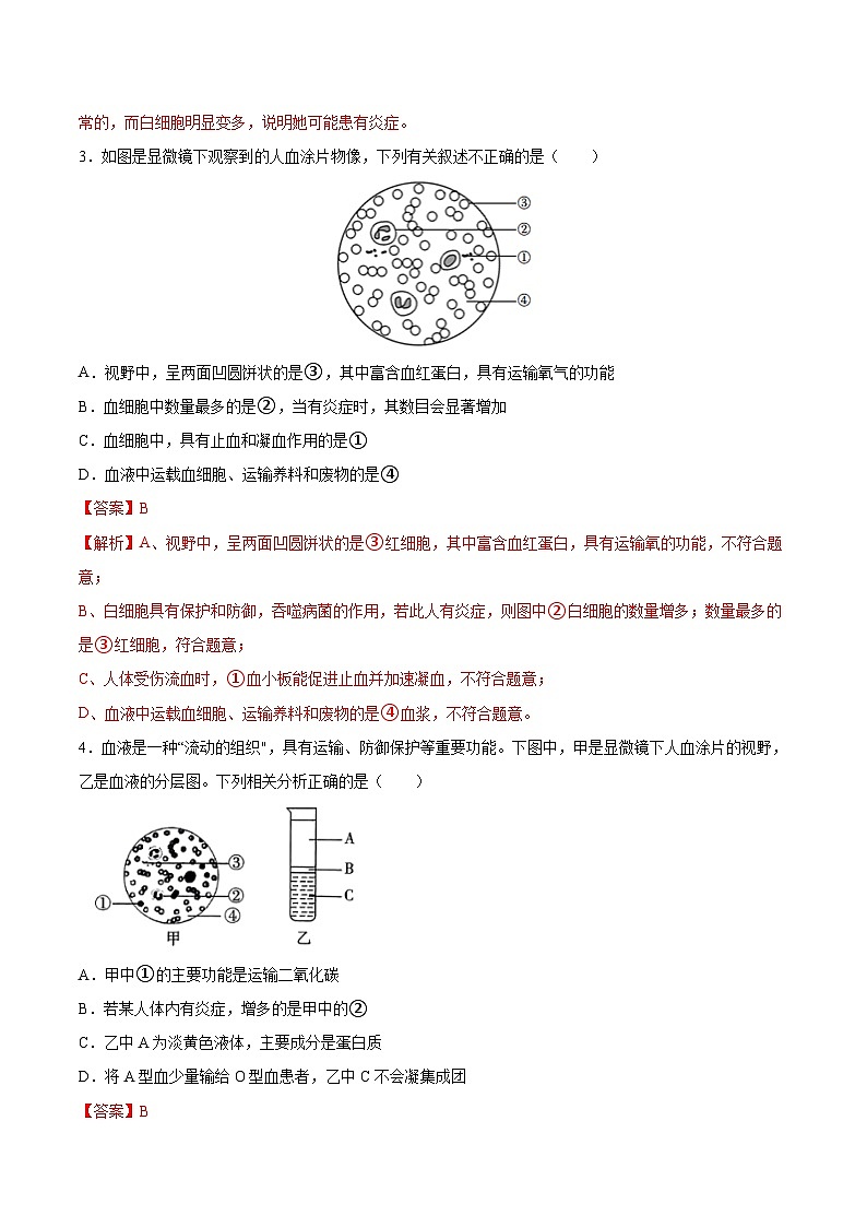 【2024会考】初中生物 专题12 人体内物质的运输-练习（原卷+解析版）02