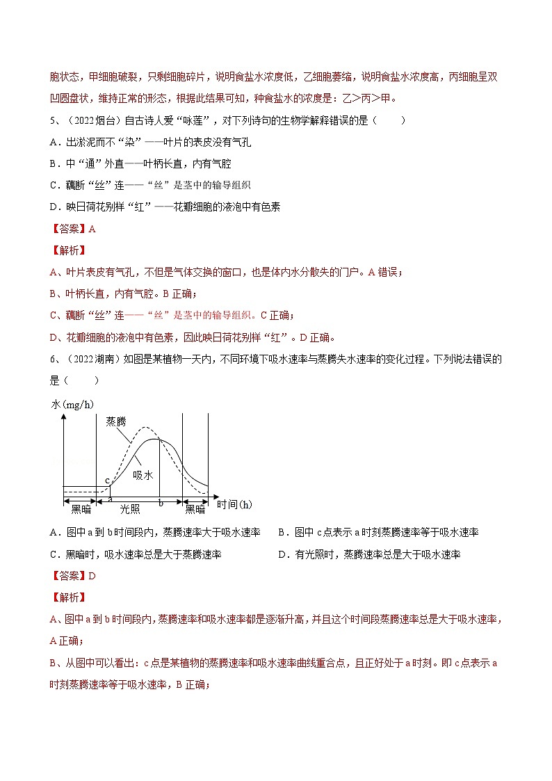 中考生物一轮复习巩固练习专题06 绿色植物与生物圈的水循环（含解析）第3页