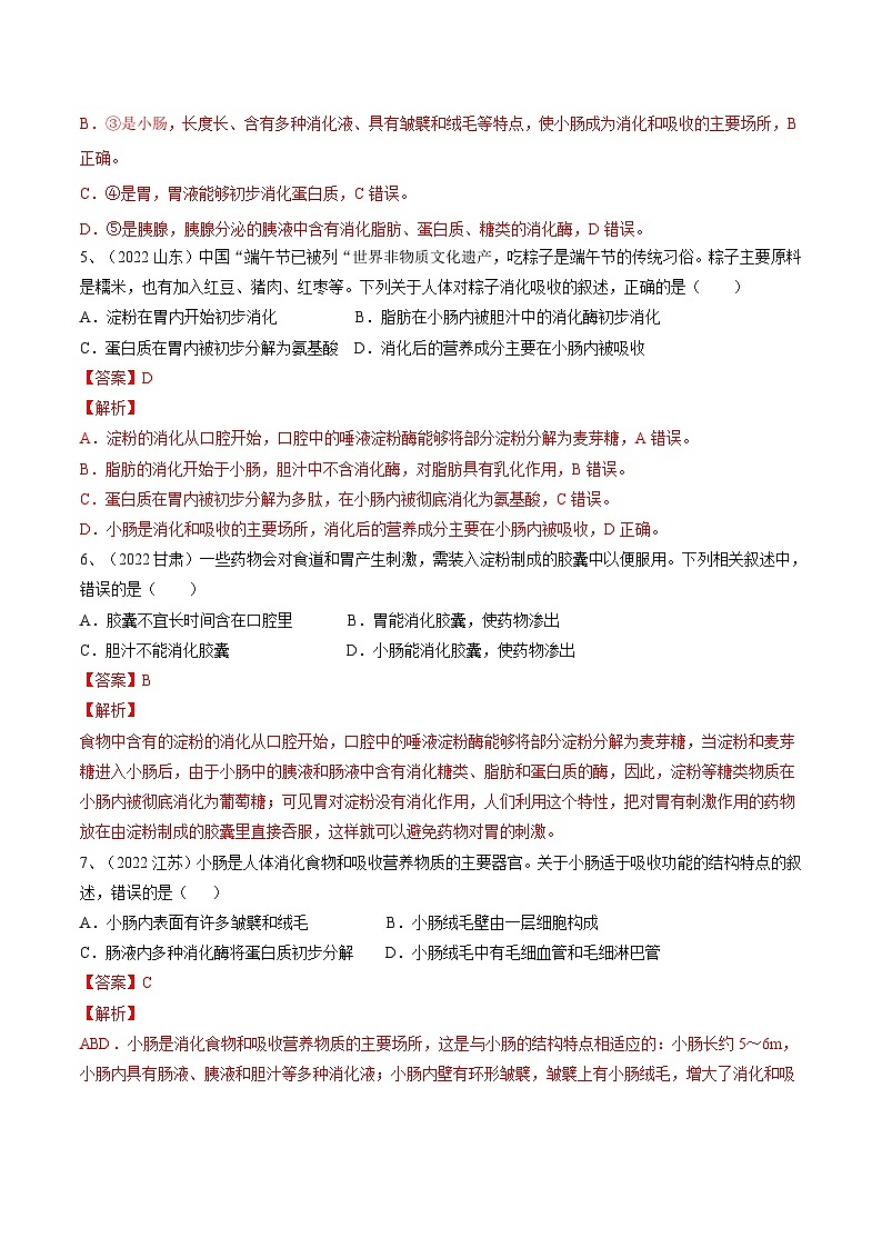 中考生物一轮复习巩固练习专题10 人体的营养（含解析）03