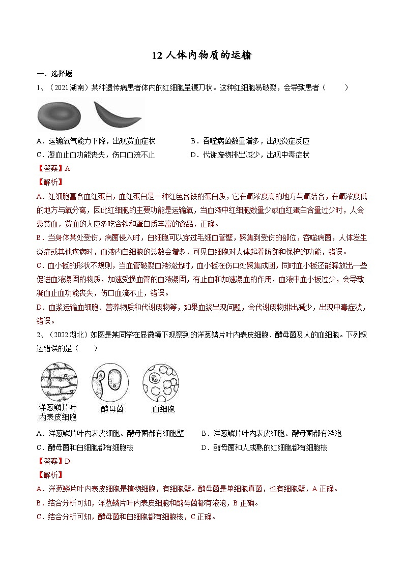 中考生物一轮复习巩固练习专题12 人体内物质的运输（含解析）01