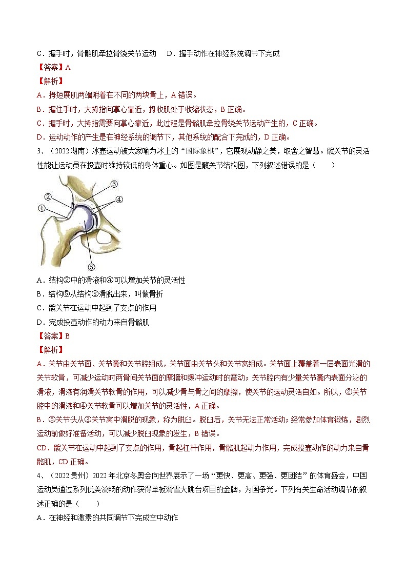 中考生物一轮复习巩固练习专题16 动物的运动和行为+动物在生物圈中的作用（含解析）02