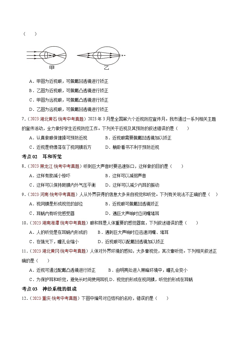 【2024年会考】初中生物 专题14 人体生命活动的调节练习02