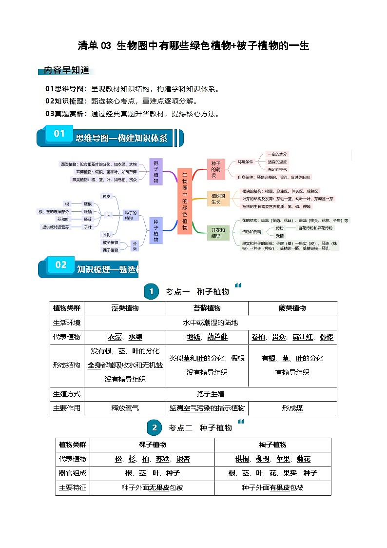 清单03 生物圈中有哪些绿色植物+被子植物的一生（6大考点+6大高频命题点）（学生版）第1页