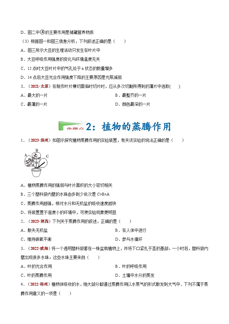 【2024会考】初中生物会考真题汇编 专题04 绿色植物的蒸腾作用、光合作用和呼吸作用（原卷+解析版）02