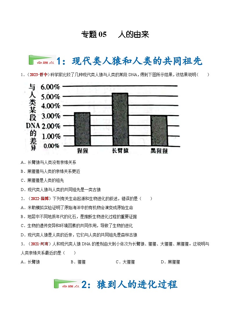 【2024会考】初中生物会考真题汇编 专题05 人的由来（原卷+解析版）01