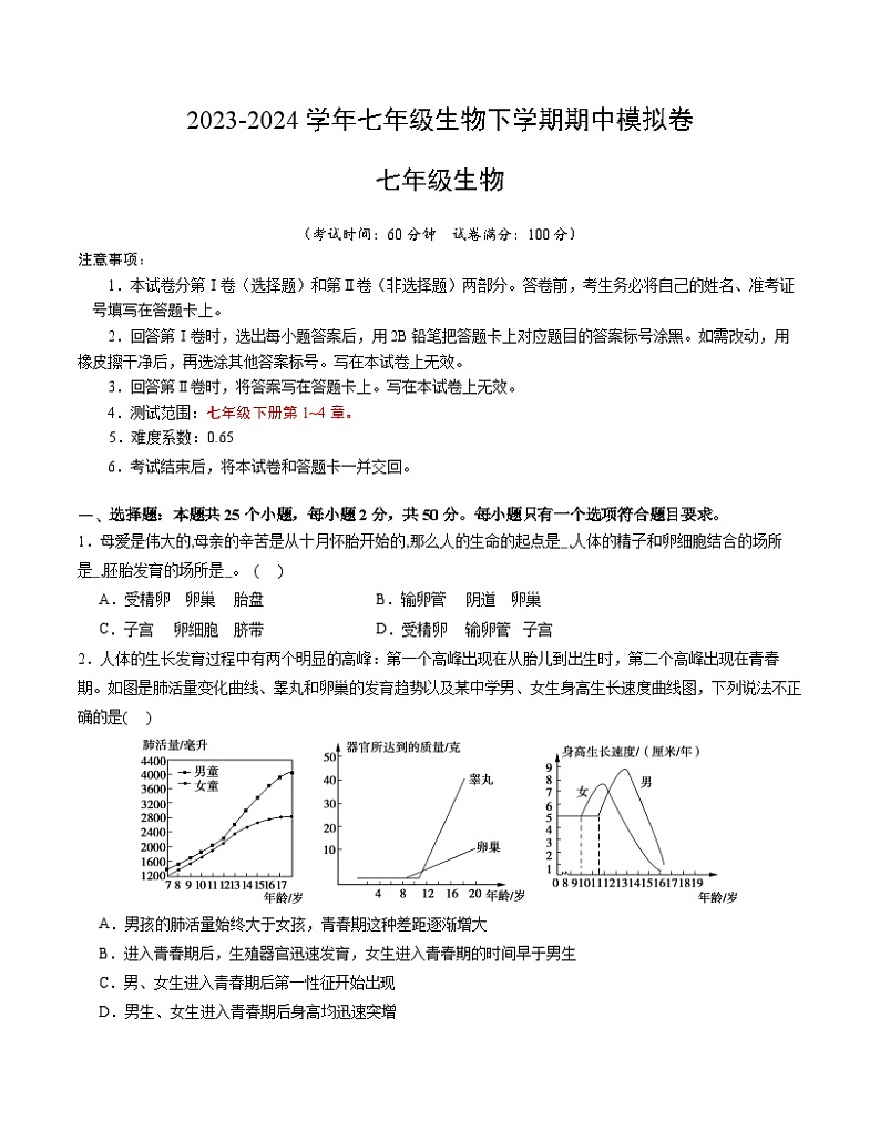 2023-2024学年初中下学期期中考试 七年级生物期中模拟卷（安徽专用）01
