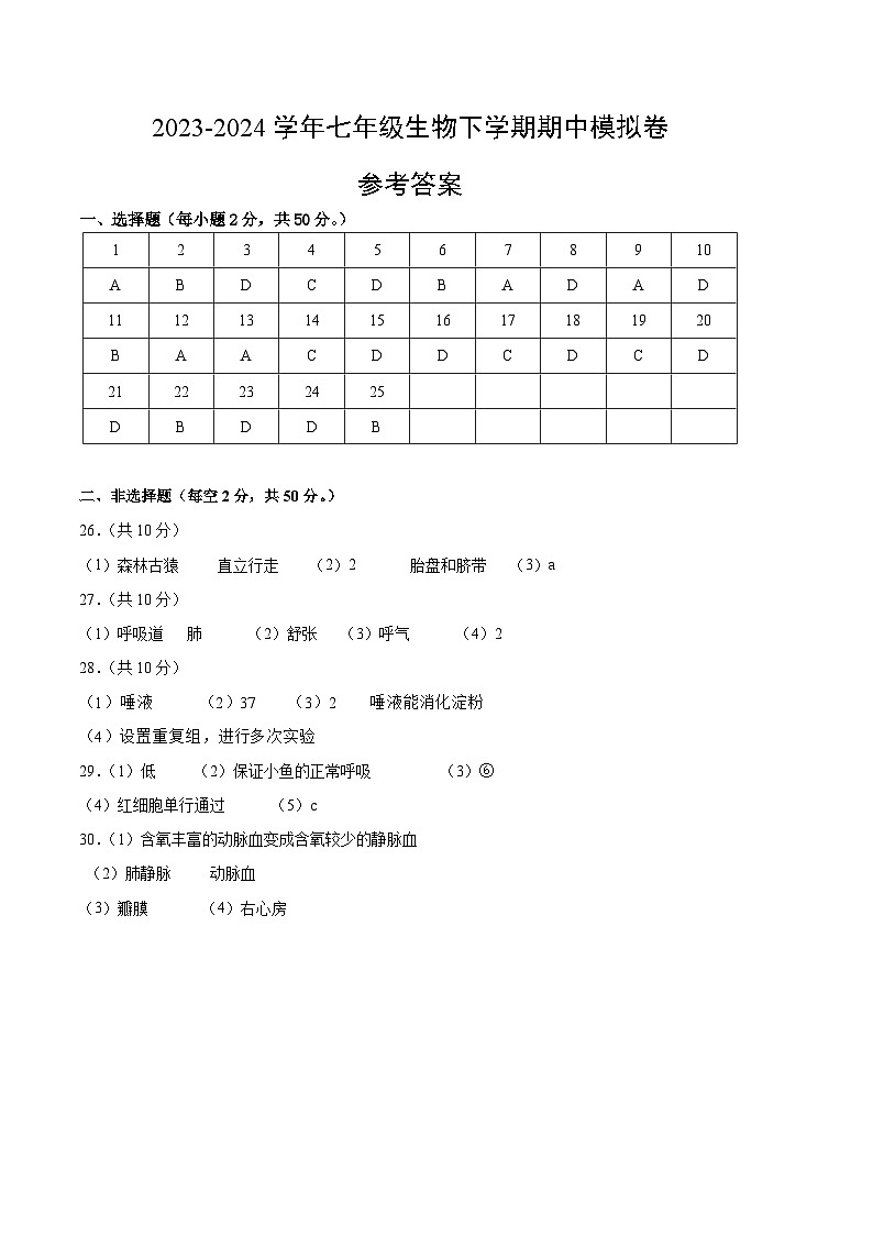 七年级生物期中模拟卷（参考答案）第1页