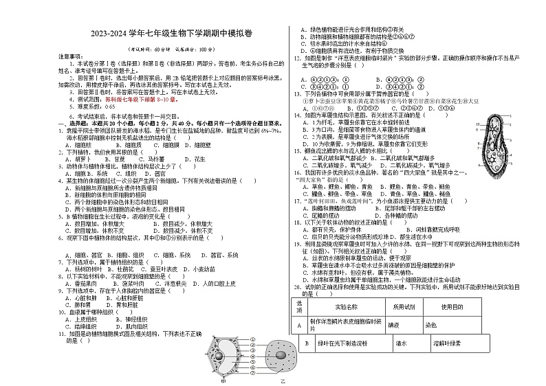 七年级生物期中模拟卷（考试版A3）【测试范围：第8~10章】（苏科版）第1页