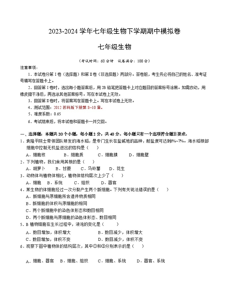 七年级生物期中模拟卷（考试版A4）【测试范围：第8~10章】（苏科版）第1页