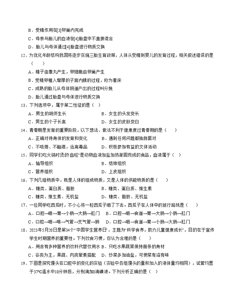 2023-2024学年初中下学期期中考试 七年级生物期中模拟卷（南京专用）02
