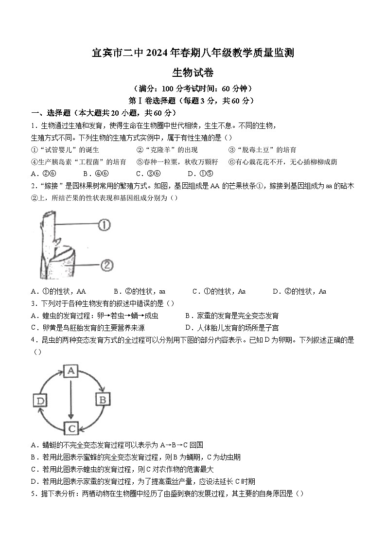四川省宜宾市第二中学校2023-2024学年八年级下学期4月月考生物试题第1页