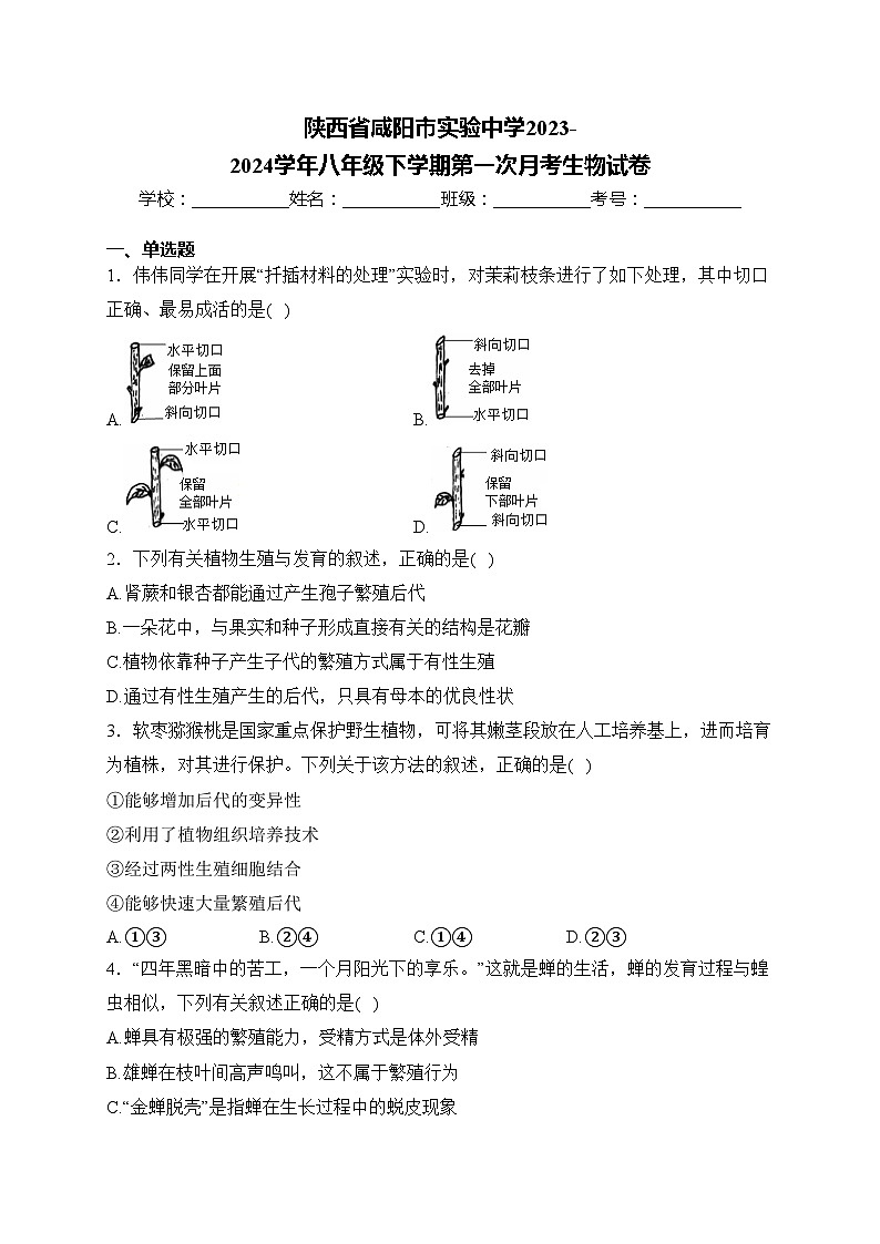 陕西省咸阳市实验中学2023-2024学年八年级下学期第一次月考生物试卷(含答案)第1页