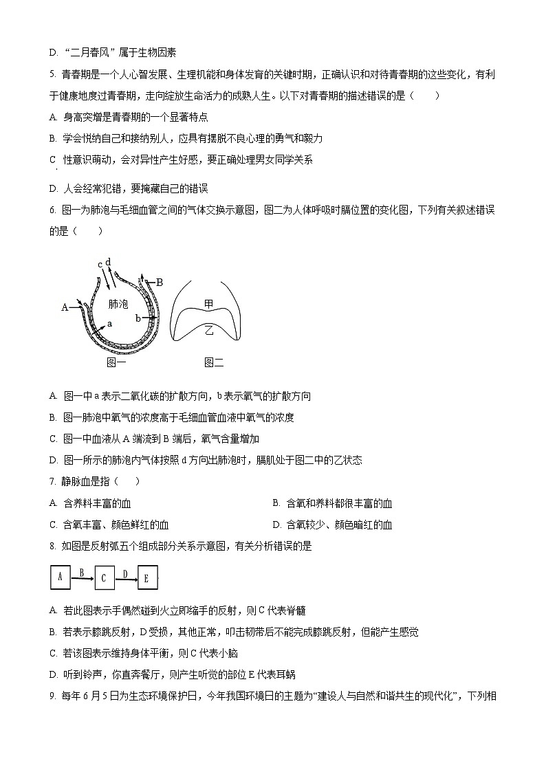 2024年甘肃省武威市凉州区武威第七中学教研联片中考一模生物试题（原卷版+解析版）02