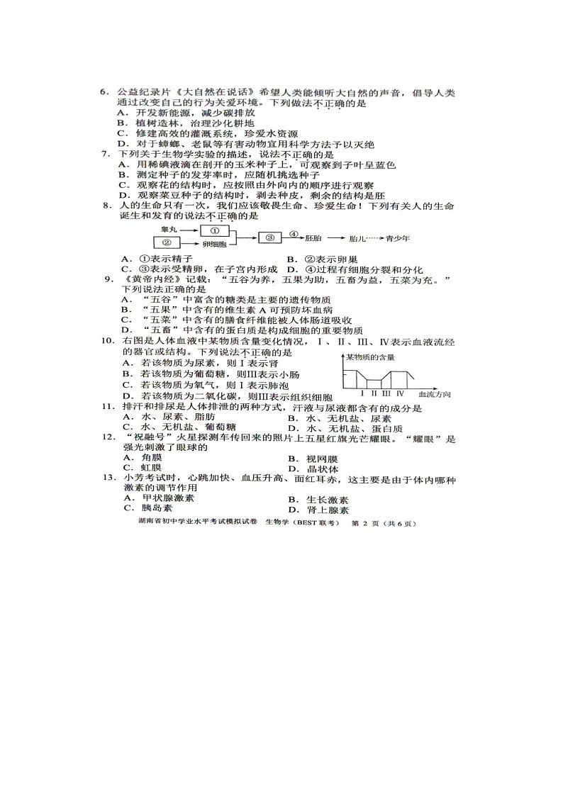 2024年湖南省初中学业水平考试模拟生物试题(BEST联考)第2页