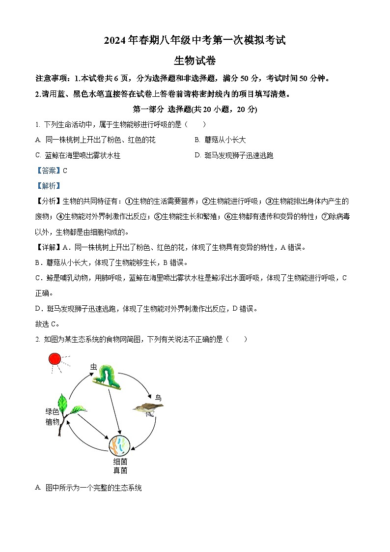 精品解析：2024年河南省镇平县城区五校联考中考一模生物试题01