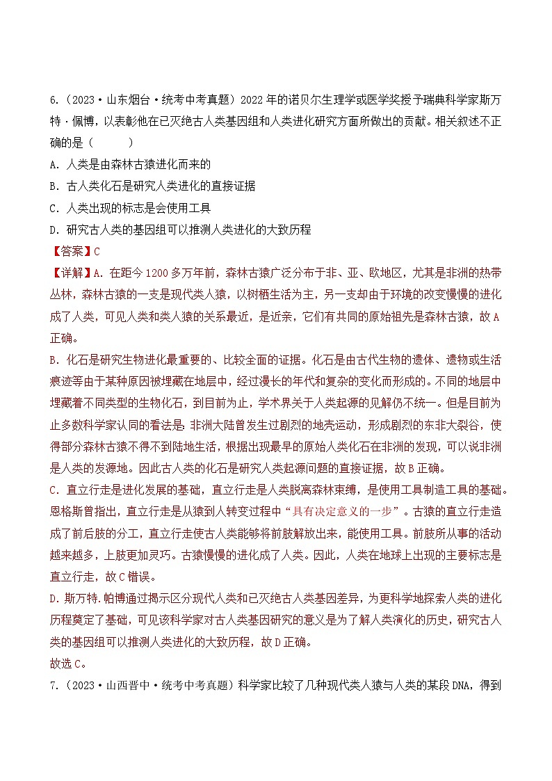 4.1.1 人类的起源和发展-七年级生物下册 同步练习（含答案解析）第3页