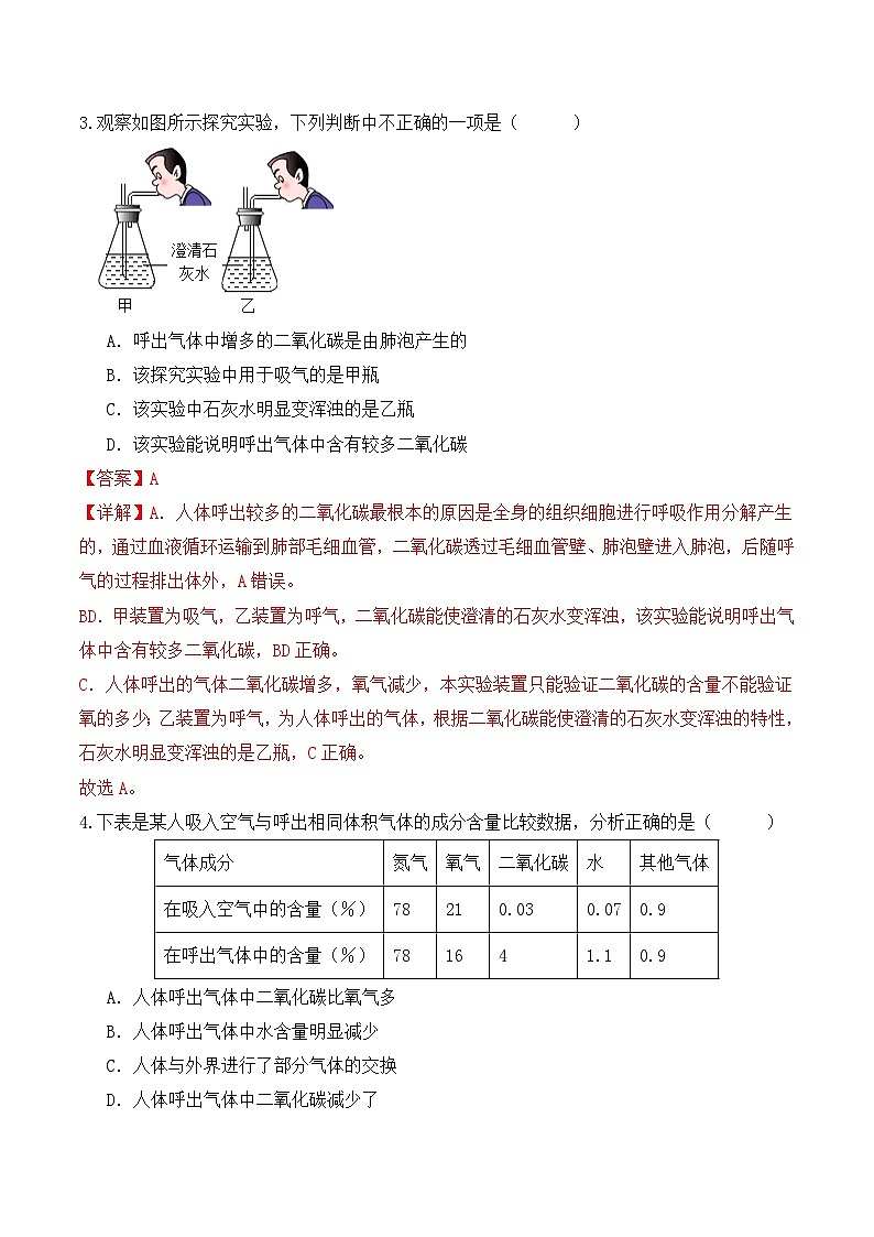 4.3.2 发生在肺内的气体交换（第2课时）-七年级生物下册 同步练习（含答案解析）第2页