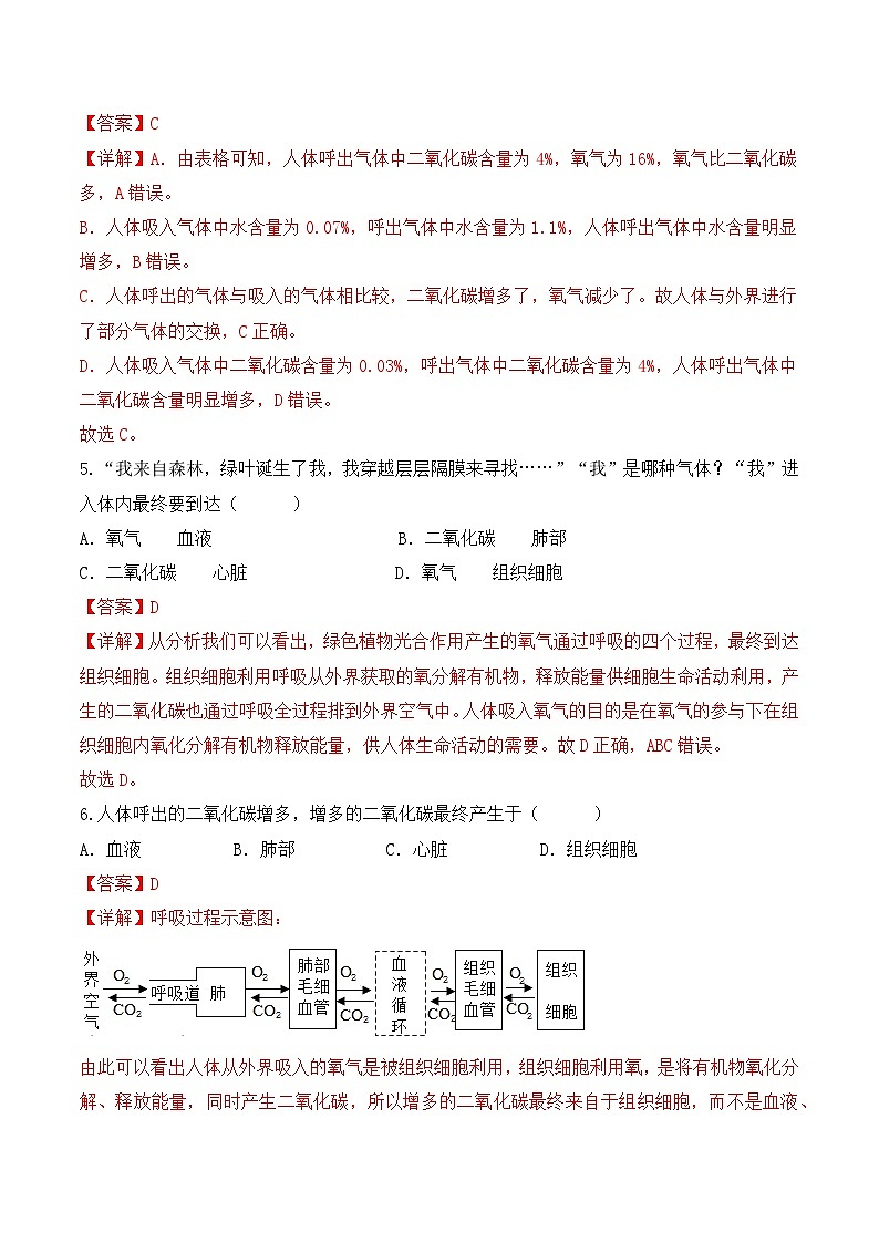 4.3.2 发生在肺内的气体交换（第2课时）-七年级生物下册 同步练习（含答案解析）第3页
