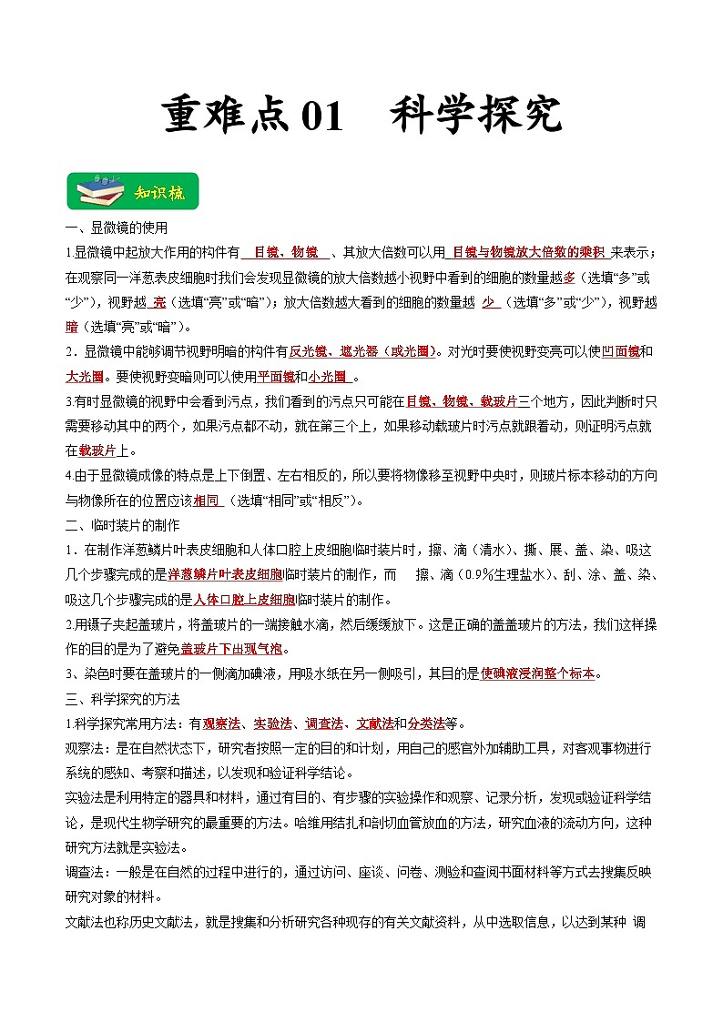 中考生物二轮复习重难点练习重难点01 科学探究  （含解析）第1页