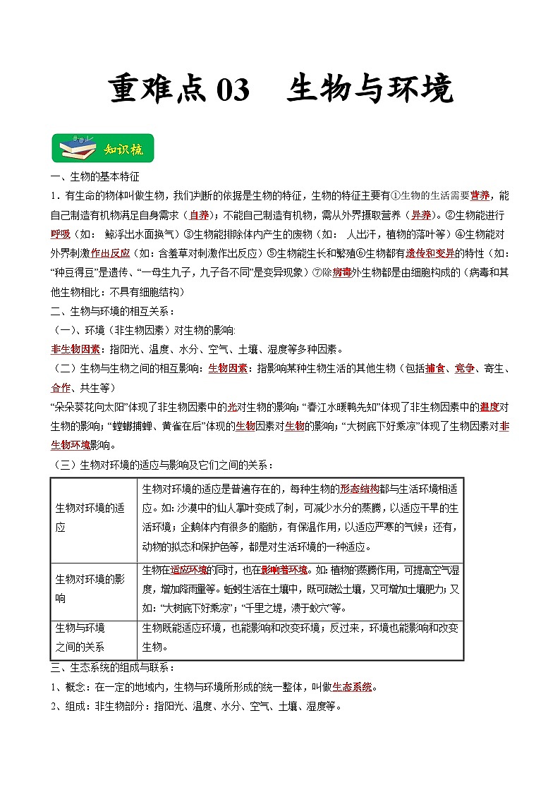 中考生物二轮复习重难点练习重难点03 生物与环境（含解析）第1页