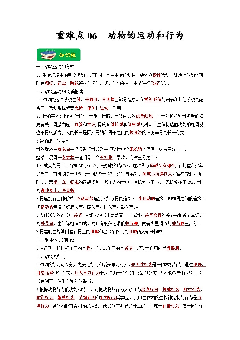 中考生物二轮复习重难点练习重难点06 动物的运动和行为 （含解析）第1页