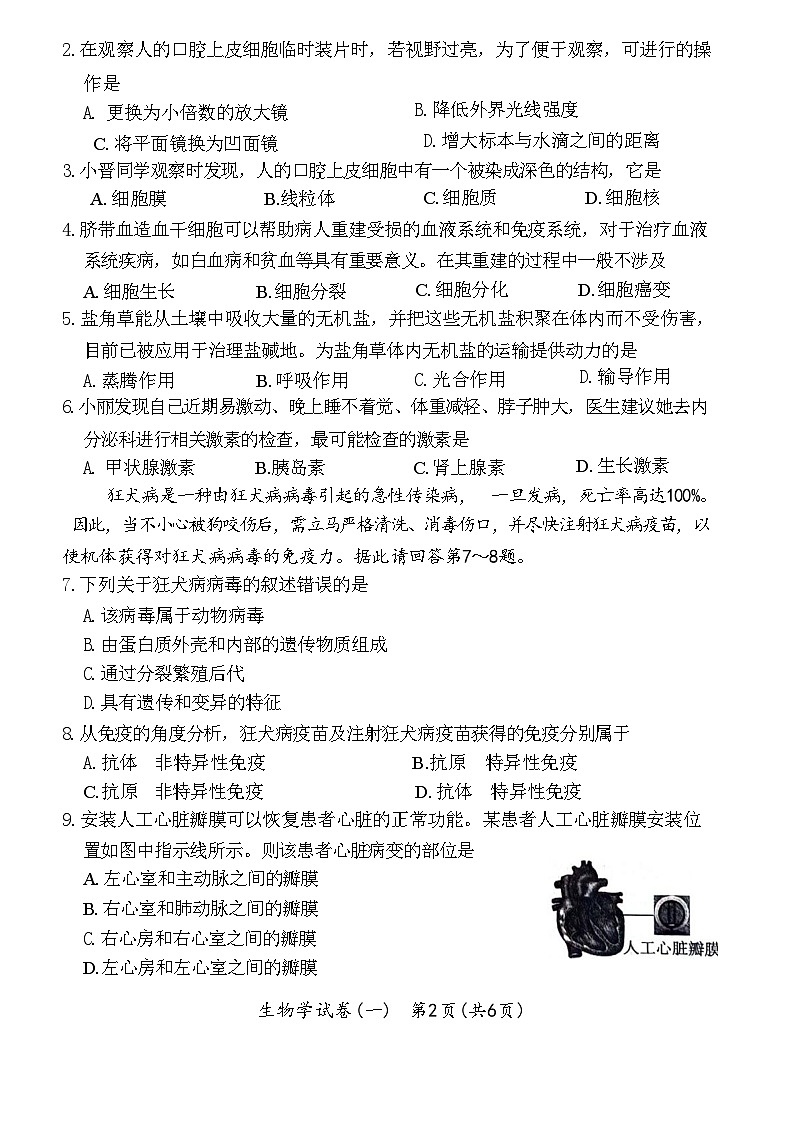 2024年山西省初中学业水平第一次模拟生物试题02