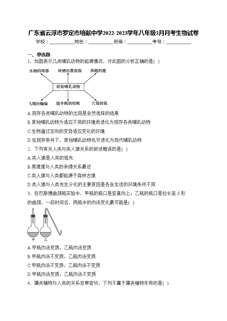 广东省云浮市罗定市培献中学2022-2023学年八年级3月月考生物试卷(含答案)01