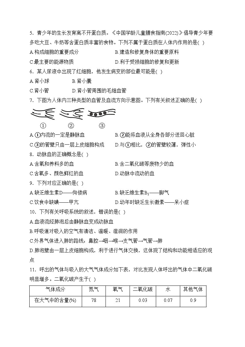 山东省枣庄市台儿庄区2022-2023学年七年级下学期期中考试生物试卷(含答案)第2页