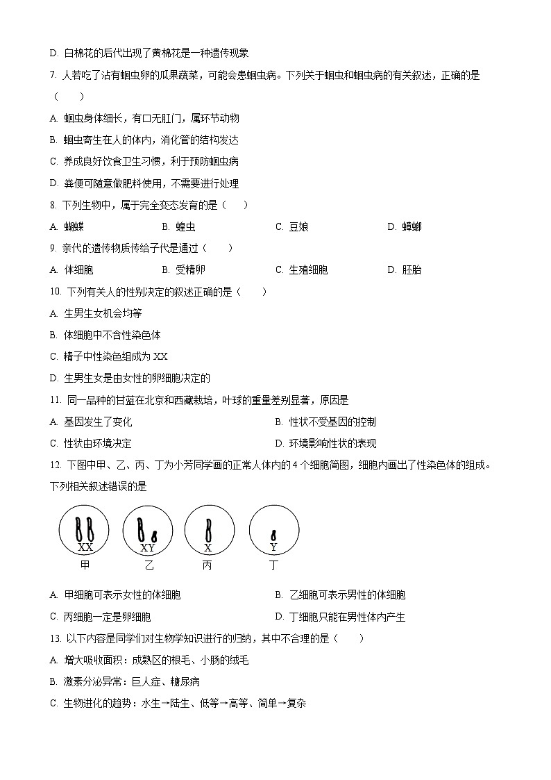 2024年甘肃省武威第十一中学教研联片中考一模生物试题（原卷版）第2页