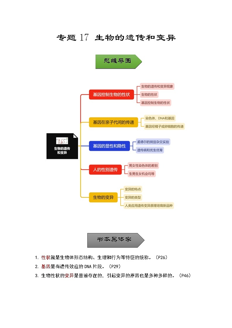 中考生物一轮复习核心考点梳理与必背专题17 生物的遗传和变异第1页