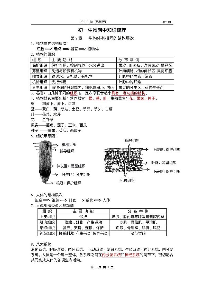2023-2024苏教版生物第二学期初一期中知识点汇总 1第1页