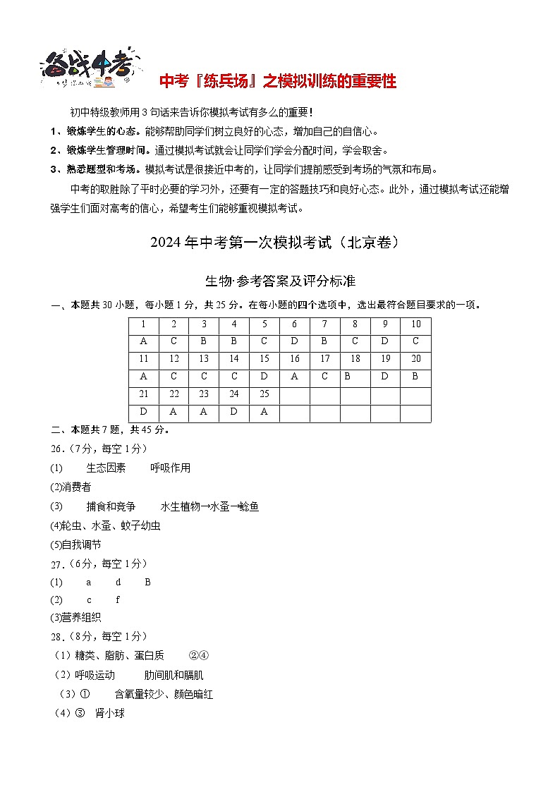 中考生物（北京卷）-2024年中考第一次模拟考试01
