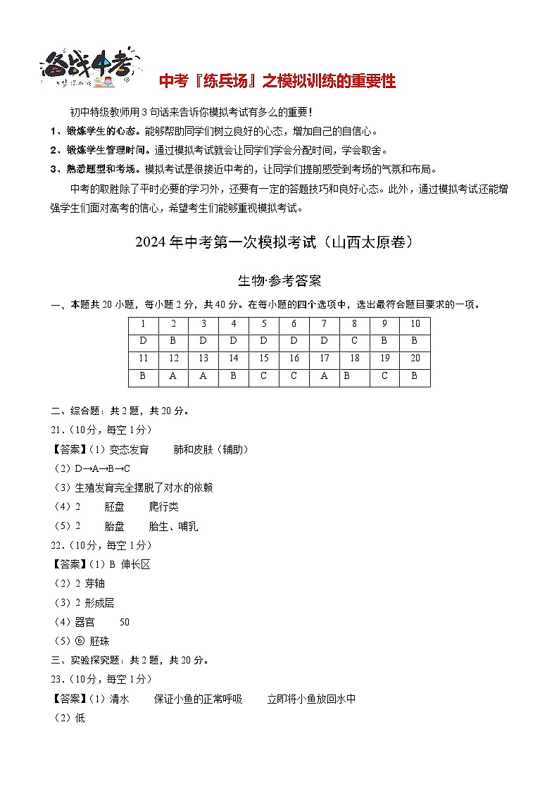 中考生物（山西太原卷）-2024年中考第一次模拟考试01