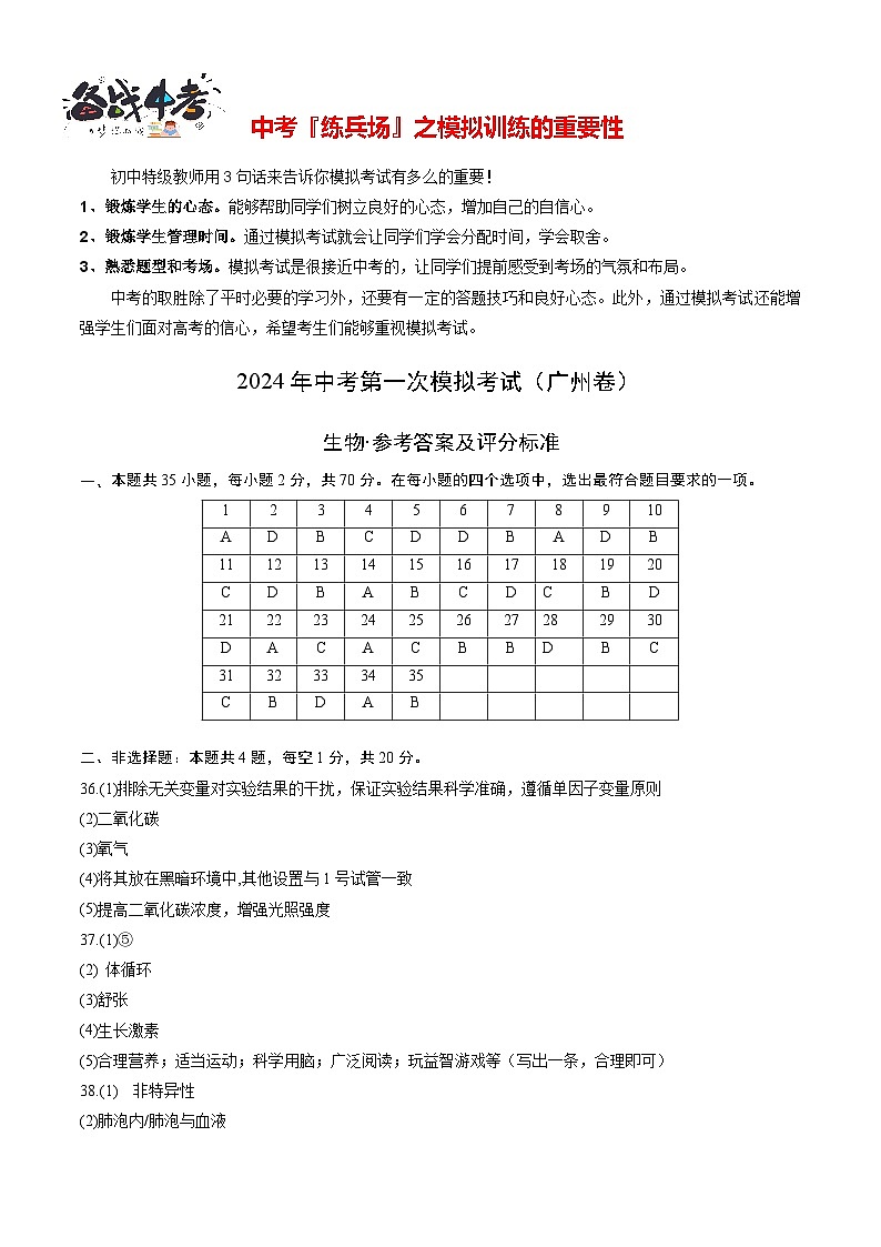 中考生物（广州卷）-2024年中考第一次模拟考试01