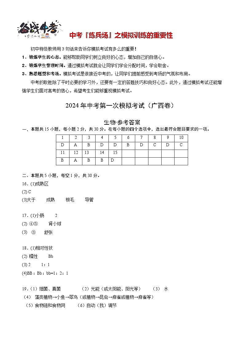 中考生物（广西卷）-2024年中考第一次模拟考试01