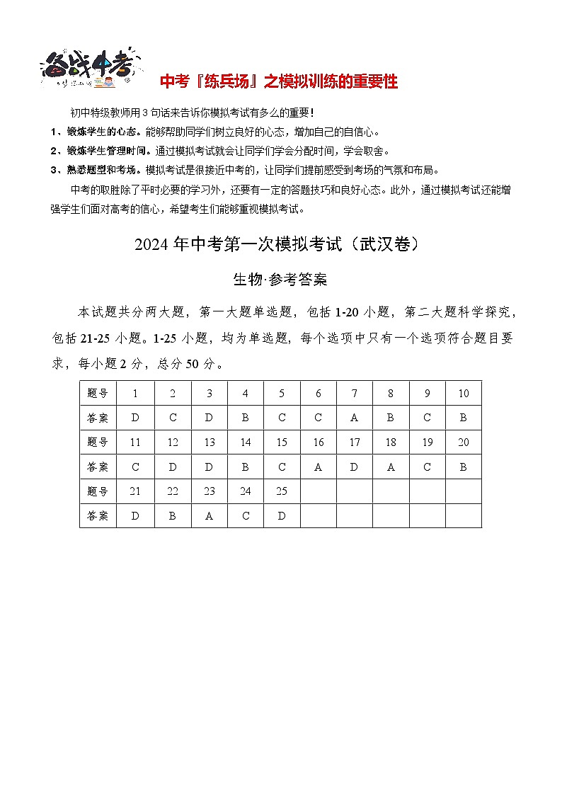中考生物（武汉卷）-2024年中考第一次模拟考试01