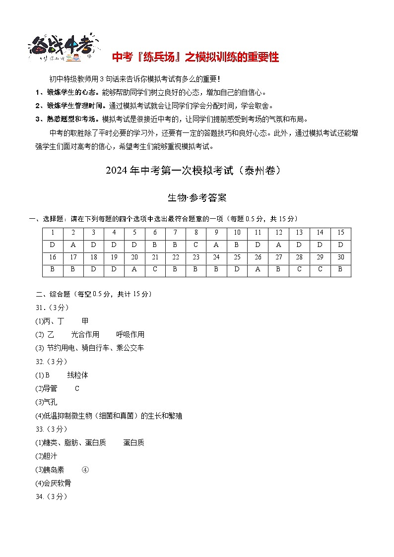 中考生物（泰州卷）-2024年中考第一次模拟考试01