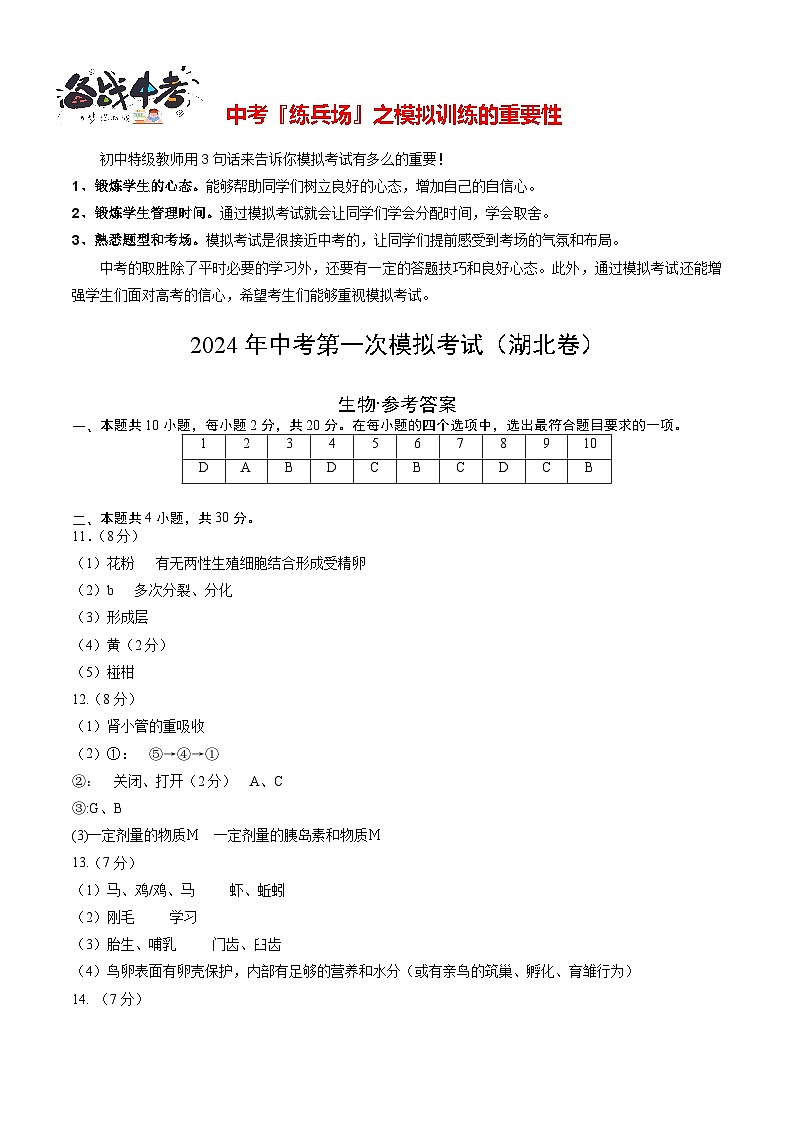 中考生物（湖北卷）-2024年中考第一次模拟考试01