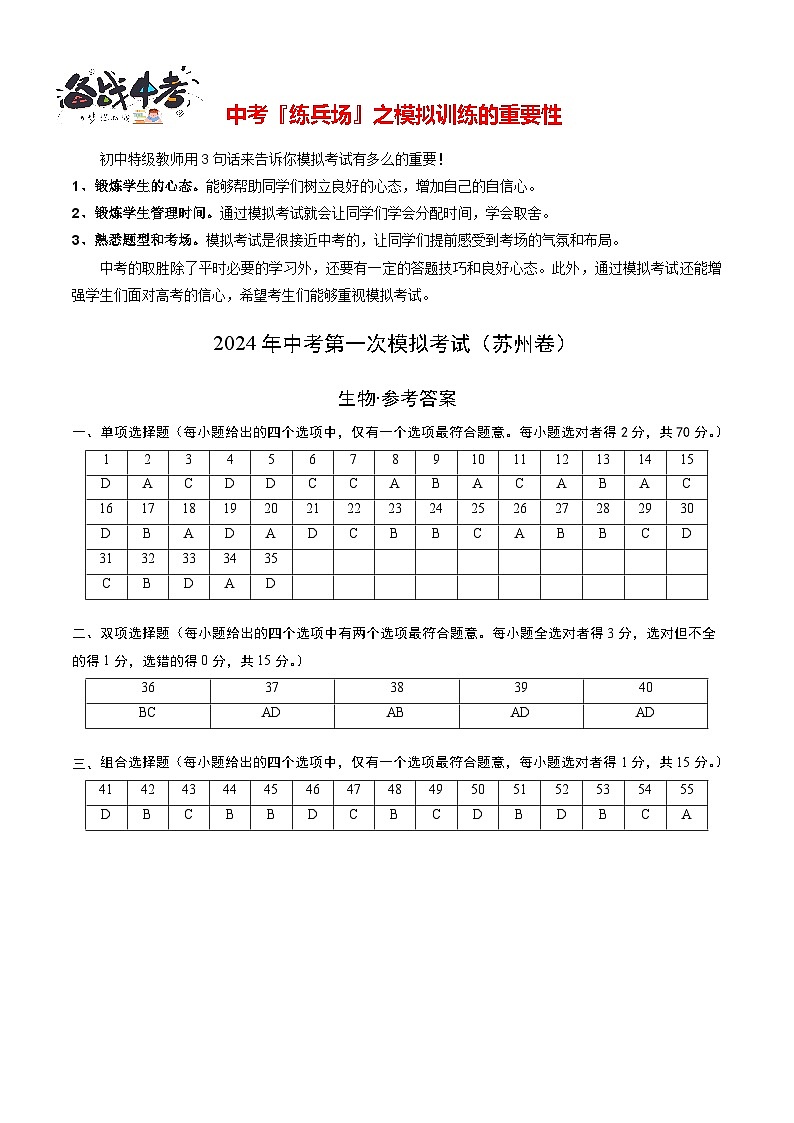 中考生物（苏州卷）-2024年中考第一次模拟考试01