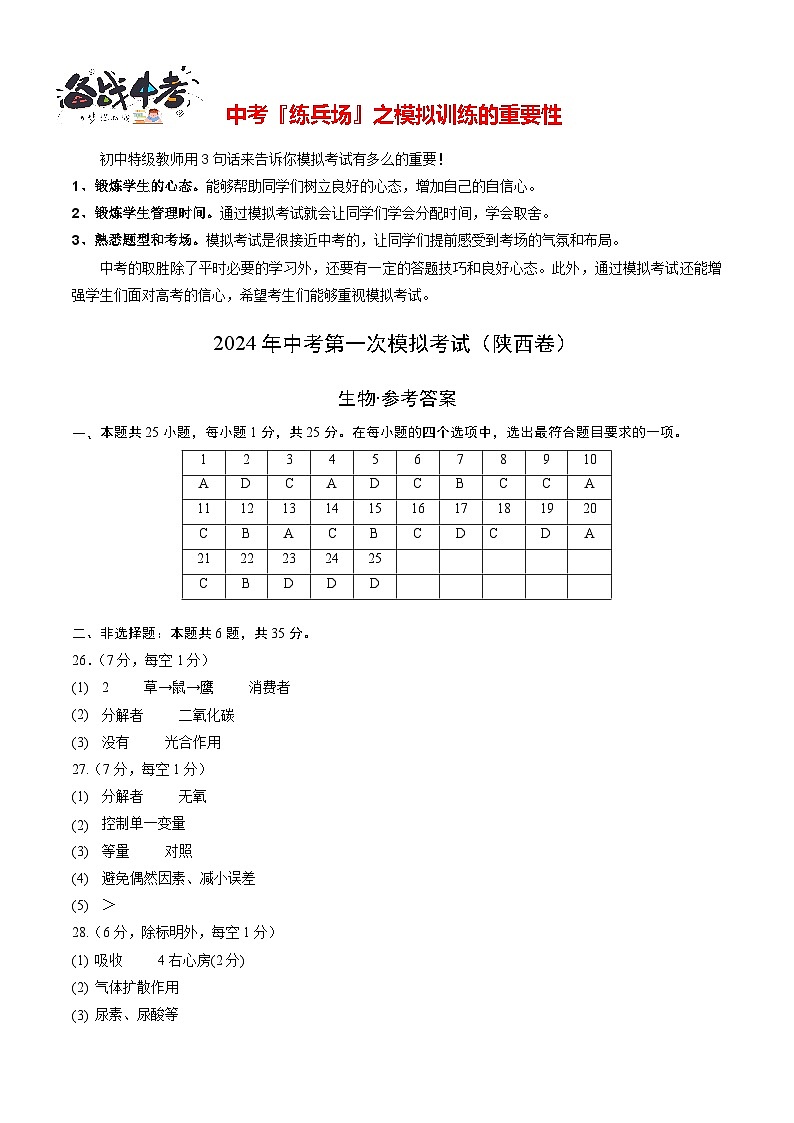 中考生物（陕西卷）-2024年中考第一次模拟考试01