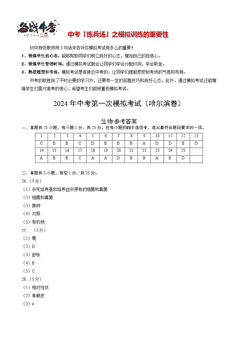 中考生物（黑龙江哈尔滨卷）-2024年中考第一次模拟考试01