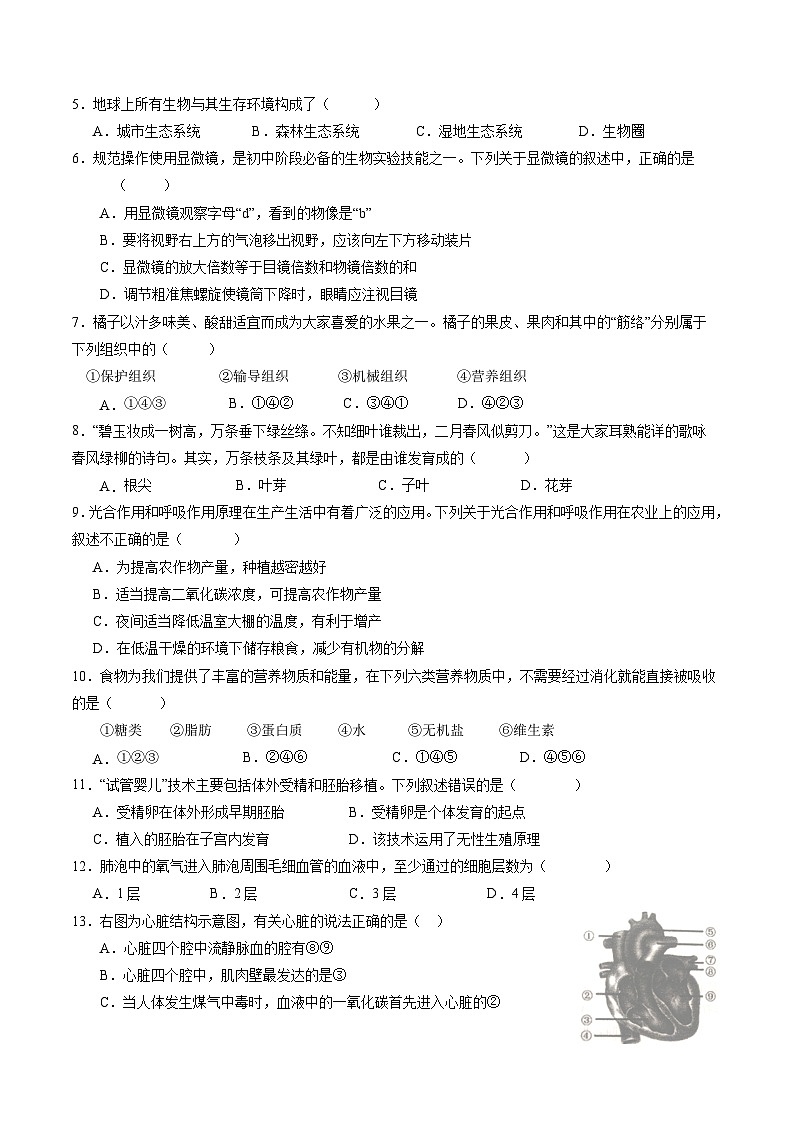 中考生物（黑龙江哈尔滨卷）-2024年中考第一次模拟考试02