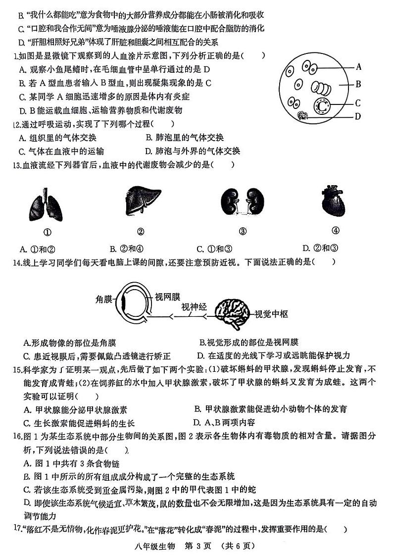 2024年河南省许昌市八年级中考一模生物试卷及答案03