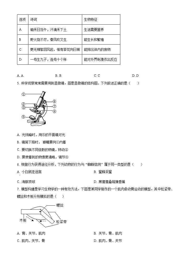 山东省德州市武城县甲马营镇中学2023-2024学年八年级下学期第一次月考生物试题（原卷版）第2页